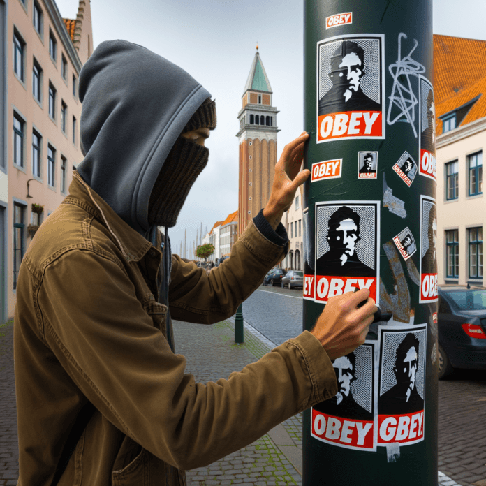 Shepard Fairey è un nome che risuona con forza nel mondo dell'arte contemporanea e della stree art. Conosciuto soprattutto per il suo lavoro come street artist e gli adesivi "OBEY Giant" rappresenta uno street artist che attacca adesivi ad un palo obey giant Shepard Fairey è un nome che risuona con forza nel mondo dell'arte contemporanea e della stree art. Conosciuto soprattutto per il suo lavoro come street artist e gli adesivi "OBEY Giant" rappresenta uno street artist che attacca adesivi ad un palo obey giant